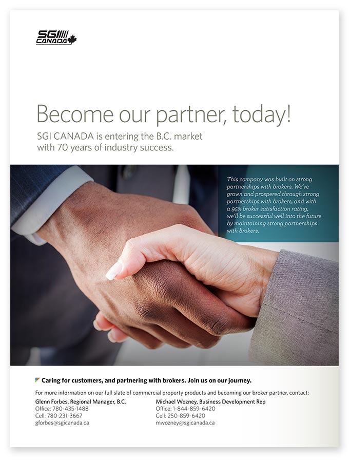A full page ad appearing in the summer issue of the BC Broker Magazine announcing SGI CANADA's arrival.